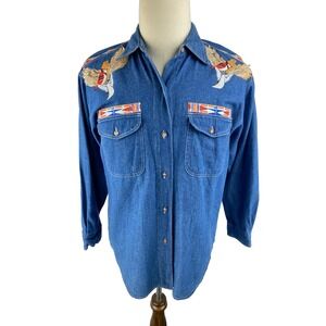 Vtg 80s OOAK Navajo Indian‎ Art to Wear Denim Button Shirt Sz M Southwest Nature